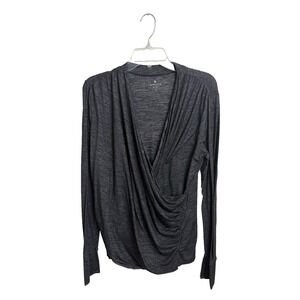 Athleta Odyssey V-neck Wrap Top Size L Long Sleeve Gray Black Stretch Knit Yoga